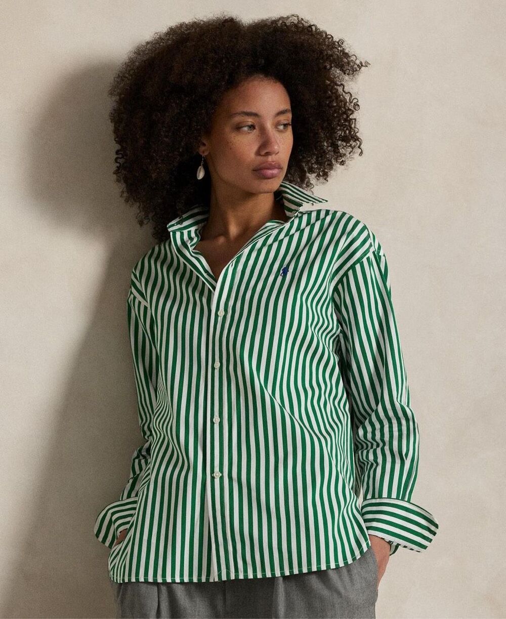 Polo Ralph Lauren Women's Green Relaxed-fit Striped Cotton Shirt M